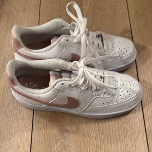 Nike Women's White Sneakers with Blush Pink Swoosh